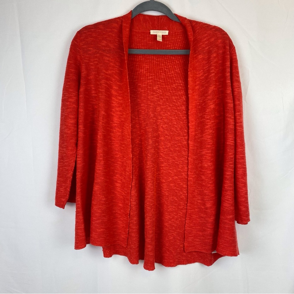 Eileen Fisher Red Open Front Cardigan Linen Cotton Blend